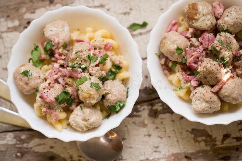Pasta with Pork Meatballs and Bacon in Carbonara Sauce Stock Image Image of italian, parsley