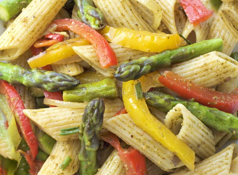 Pasta in Roasted Asparagus, Peppers with Green Pesto Stock Photo Image of delicious, parmesan