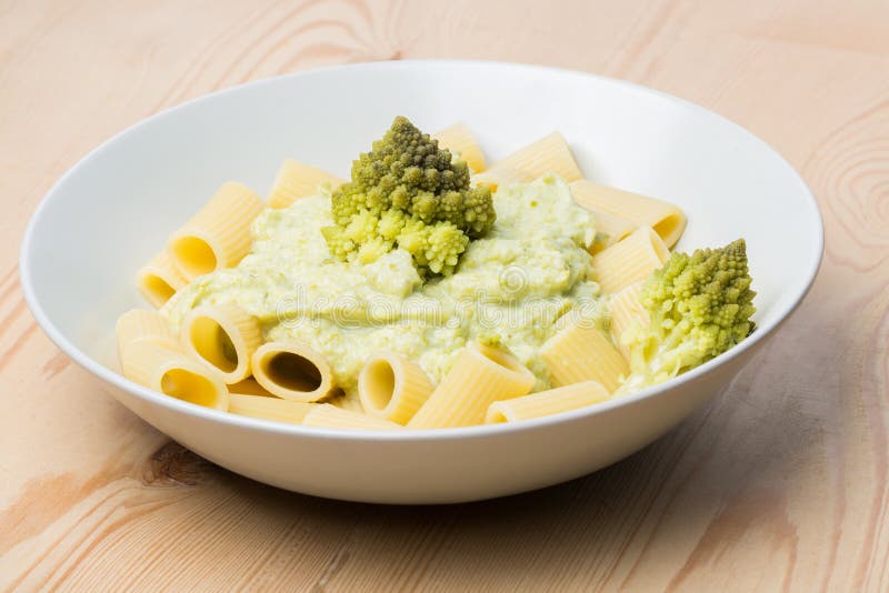 Pasta with Romanesco Broccoli Cabbage and Mozzarella. on Rustic