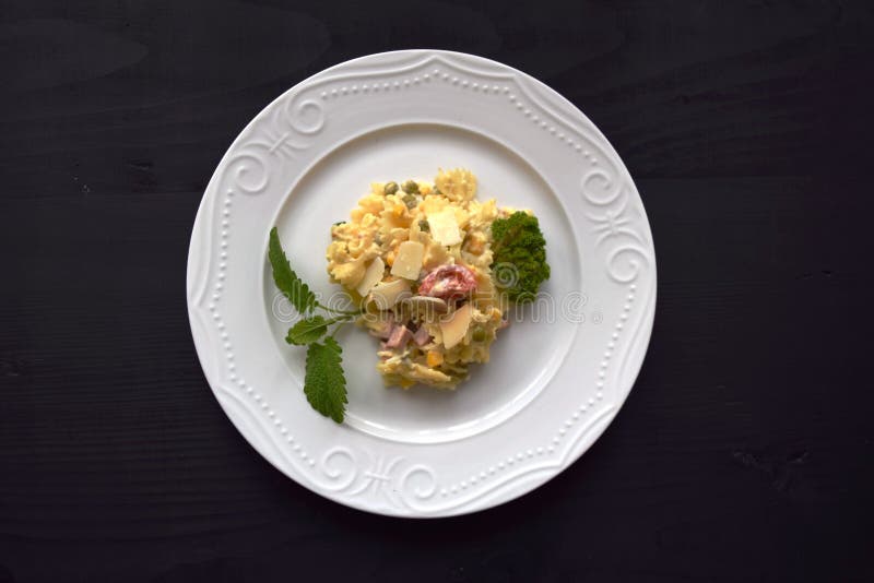 Pasta Salad with Cheese with Peas, Corn, and Tomato Stock Image - Image