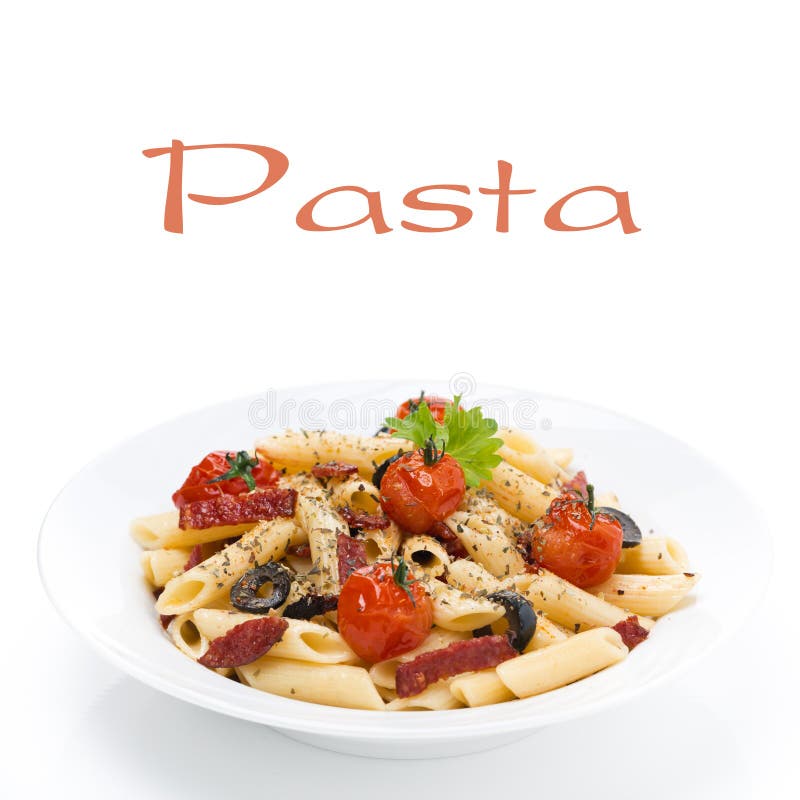 Pasta with sausage, cherry tomatoes and olives on the plate