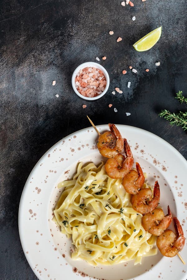 Pasta Seafood. Tagliatelle Pasta with Shrimp and Cream Sauce. Italian