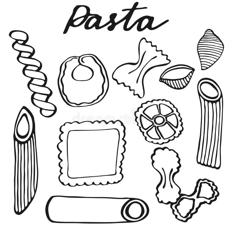 Pasta Set. Handdrawn Cartoon Kinds Of Pasta. Doodle Drawing. Stock