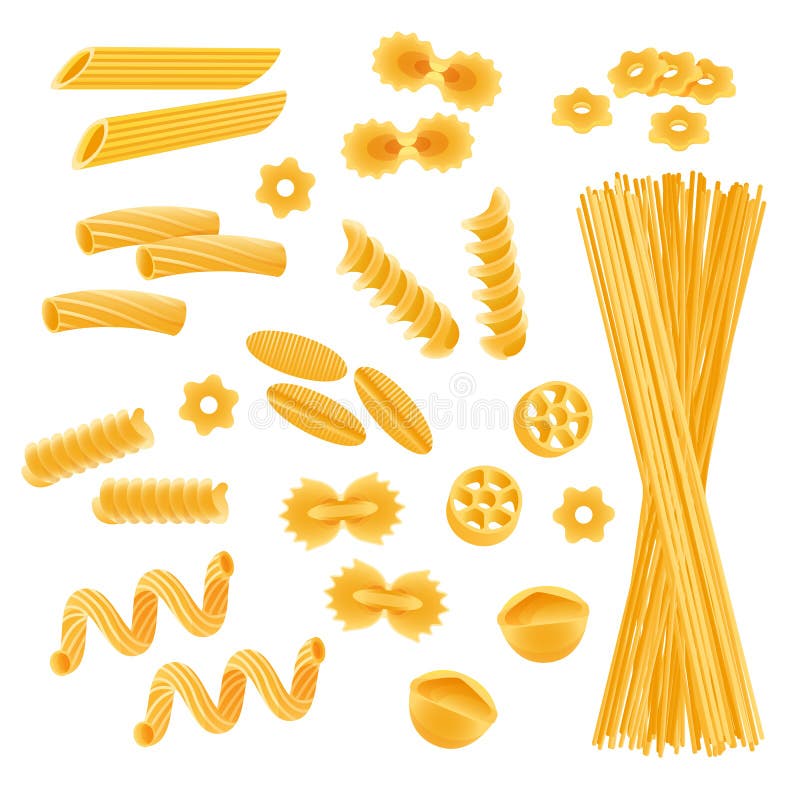 Pasta set isolated on white, different kinds of macaroni and spaghetti uncooked, vector illustration