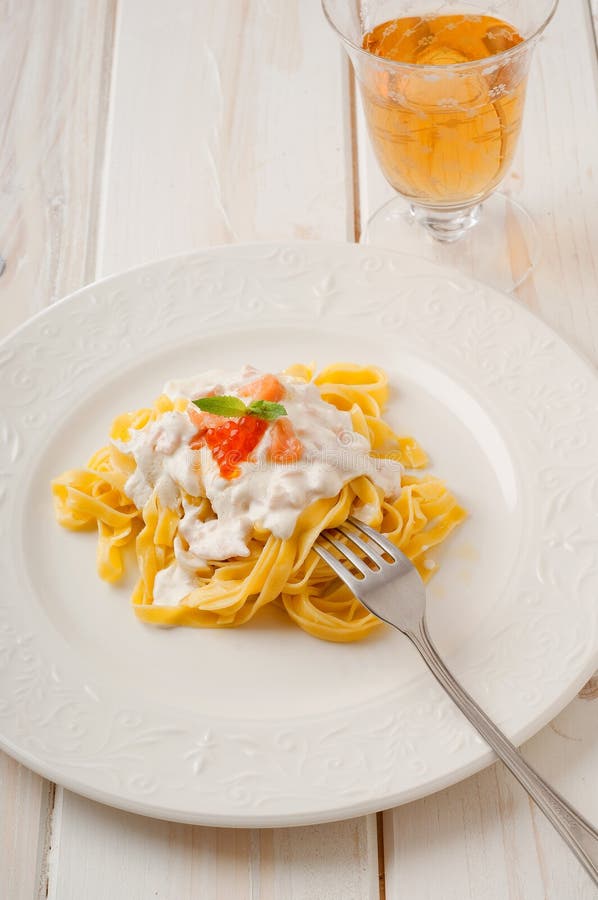 Pasta With Smoked Salmon And Cream Stock Photo - Image of delicious