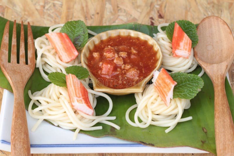 Pasta Spaghetti with Crab Sticks and Sauce. Stock Image Image of