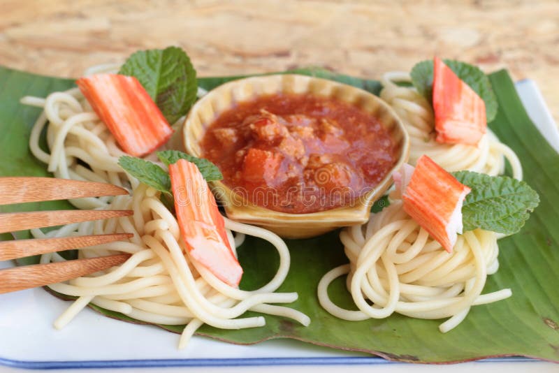 Pasta Spaghetti with Crab Sticks and Sauce. Stock Image Image of