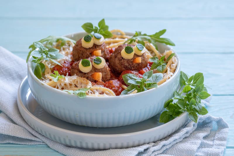 Pasta Spaghetti with Funny Meatballs for Kids Stock Photo Image of