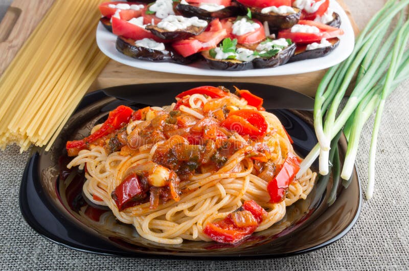Pasta Spaghetti with Pieces of Bell Pepper Stock Image Image of