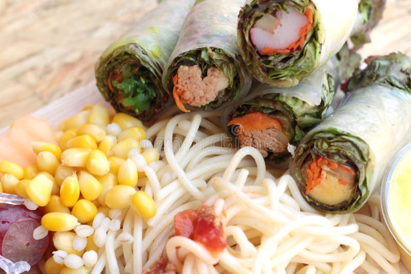 Pasta Spaghetti with Salad Mix Fruit and Vegetables Stock Photo Image