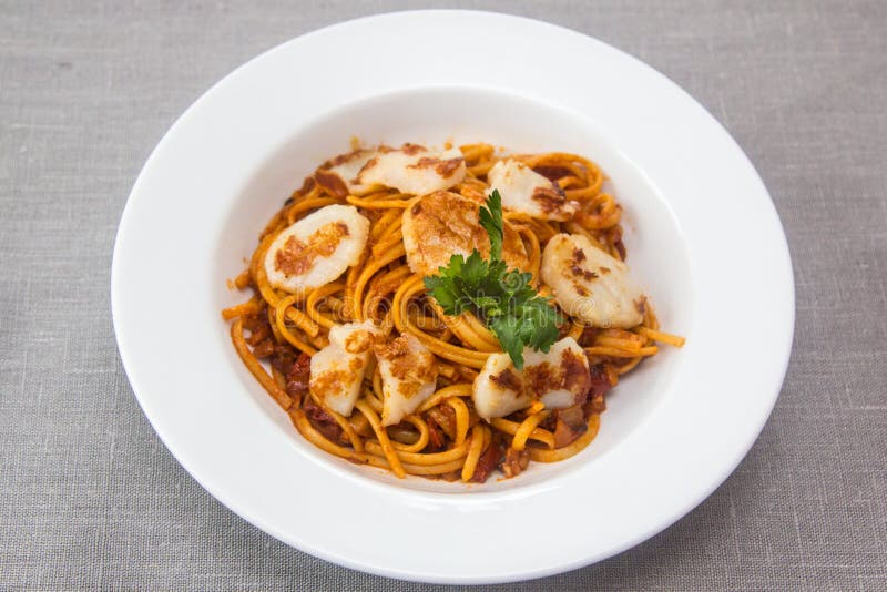Pasta (spaghetti) with Scallops and Tomato Sauce Stock Image Image of