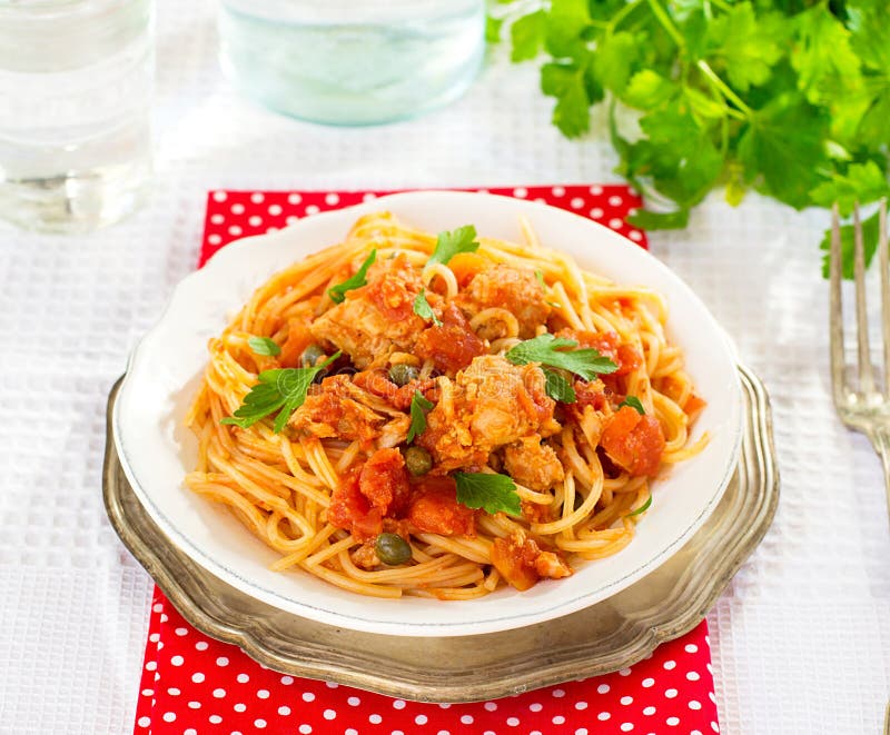 Pasta Spaghetti with Tuna, Capers in Tomato Sauce Stock Image - Image