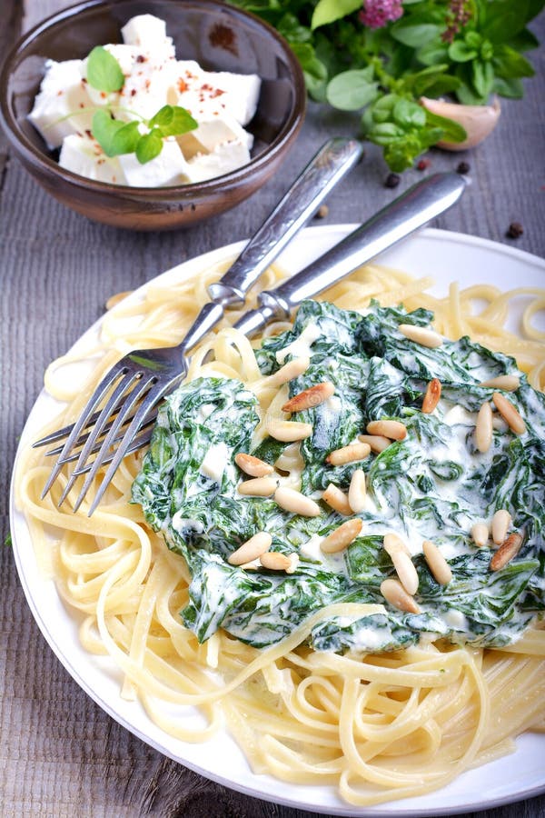 Pasta with Spinach and Feta Cheese Stock Photo Image of closeup