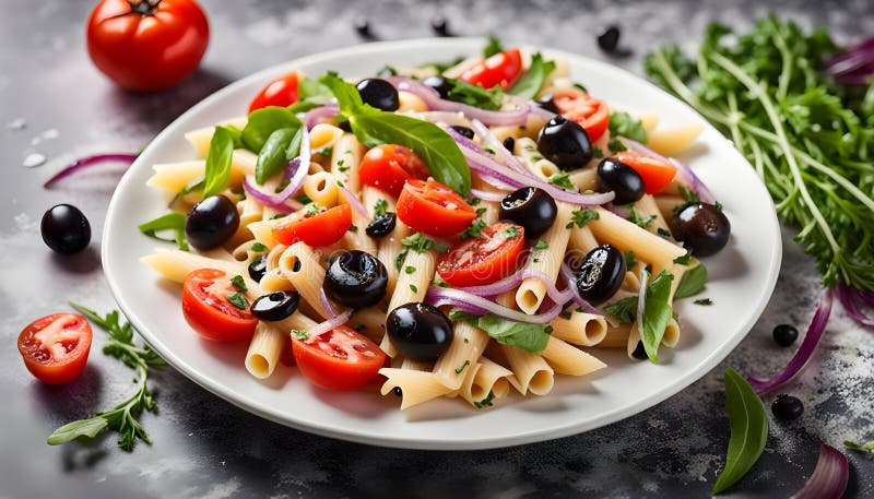 Pasta Thunfisch Salat mit Tomaten wilde Rakete schwarze Oliven und rote Zwiebel vektor abbildung