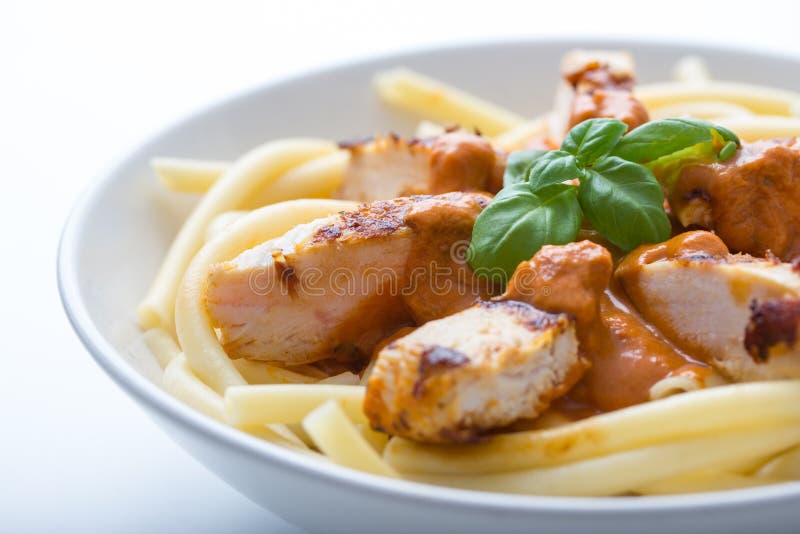 Pasta with Tomato Sauce and Chicken Breast Stock Photo Image of