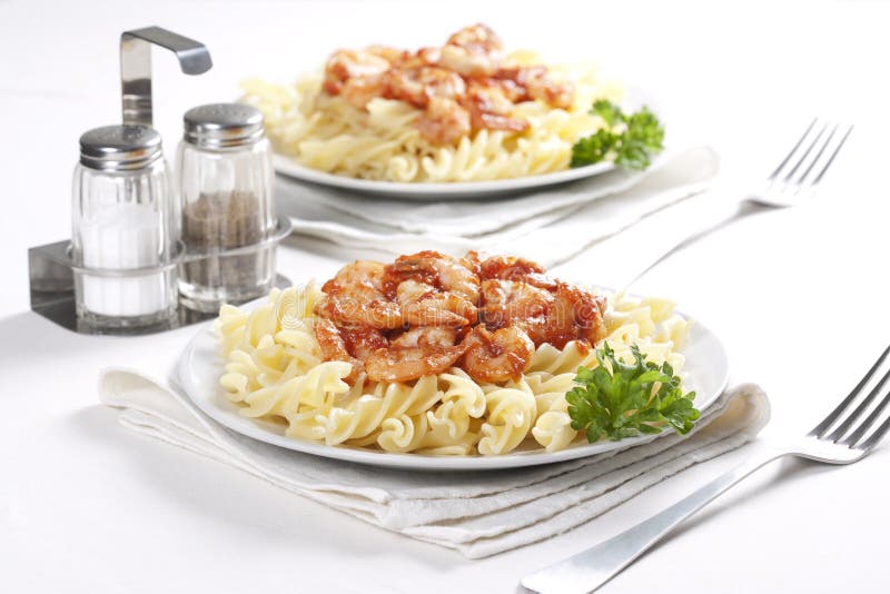 Pasta with tomato and shrimps