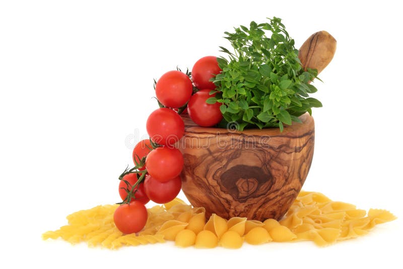 Pasta, Tomatoes and Basil Herb