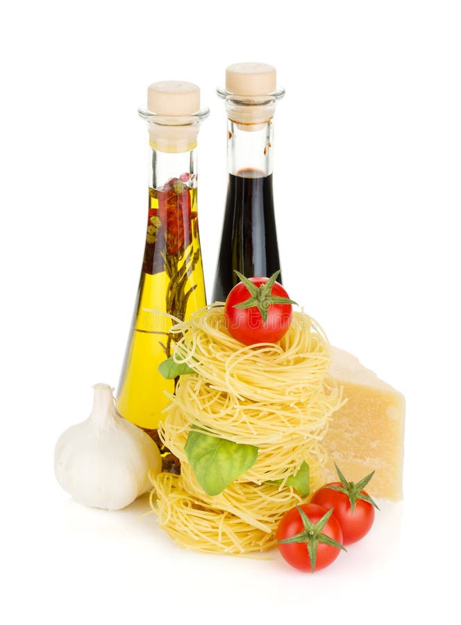 Olive Oil, Vinegar Bottles, Pepper Shaker and Spices Stock Photo