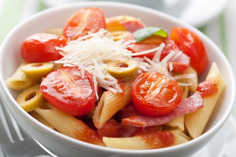 Pasta with Tomatoes and Salami Stock Image Image of kitchen, classic