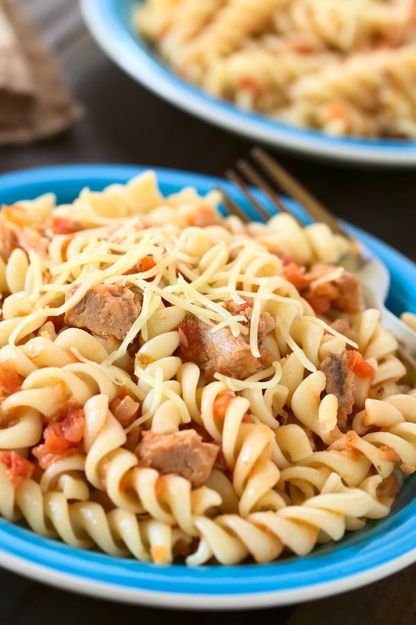 Rotini Pasta with Tuna and Tomato Sauce and Grated Cheese Stock Image ...