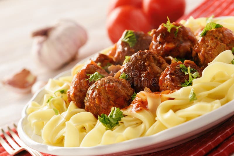 Pasta with Turkey Meatballs in Tomato Sauce. Stock Image Image of