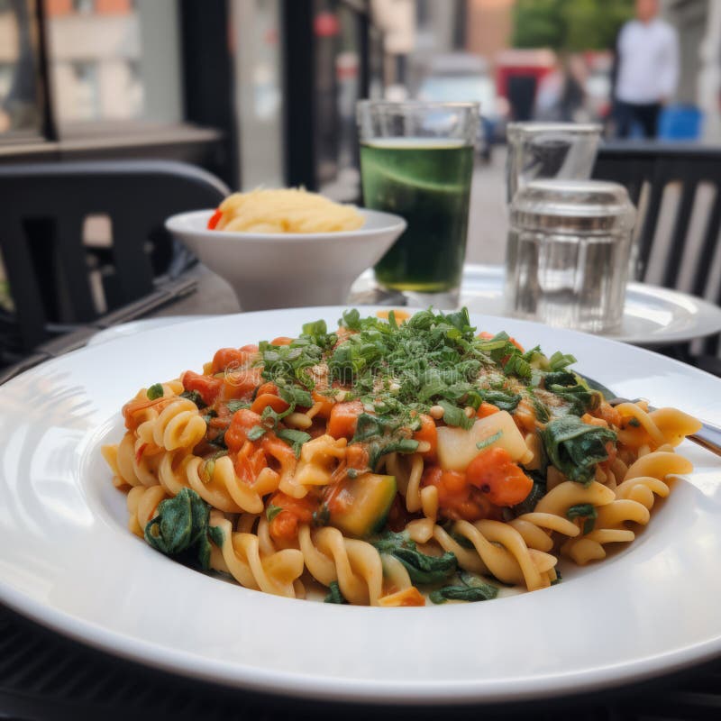 Pasta with Vegetables in a Cafe on the Street. Generative AI. Stock