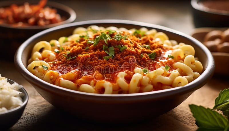 Pasta vegetariana di buona qualità fatta in casa con pomodoro fresco e erbe aromatiche generate dall'aiai fotografie stock