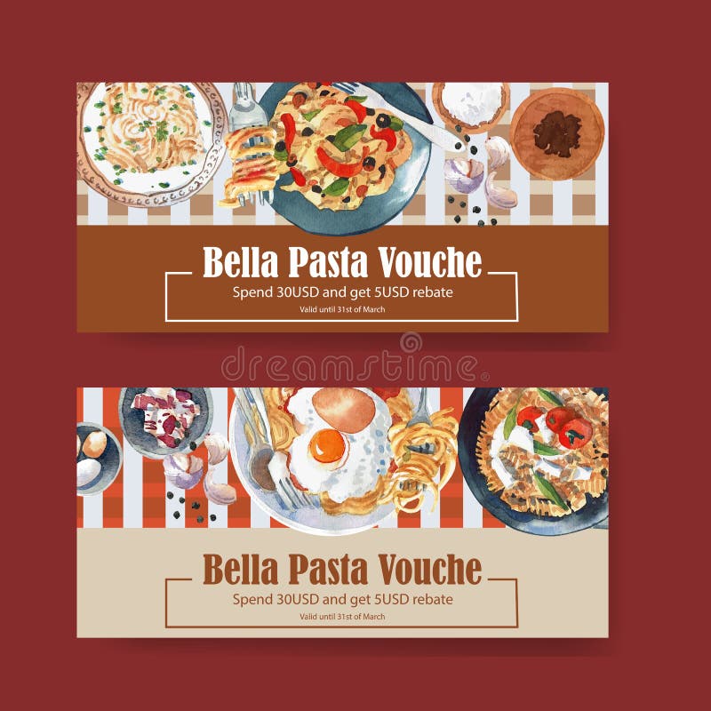 Pasta Voucher Design with Bacon, Egg, Plate Watercolor Illustration