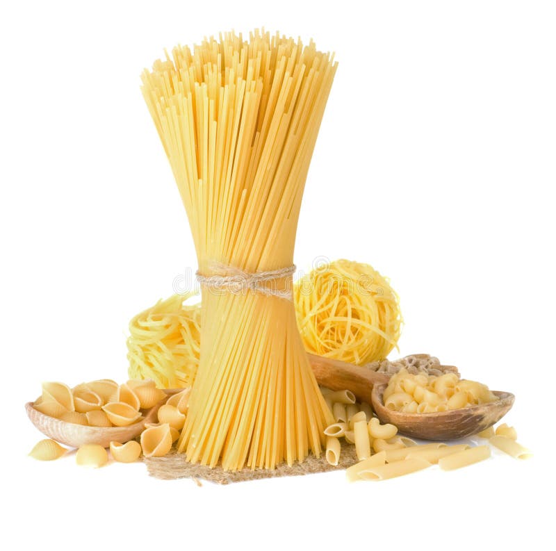 Pasta and wooden spoon on white