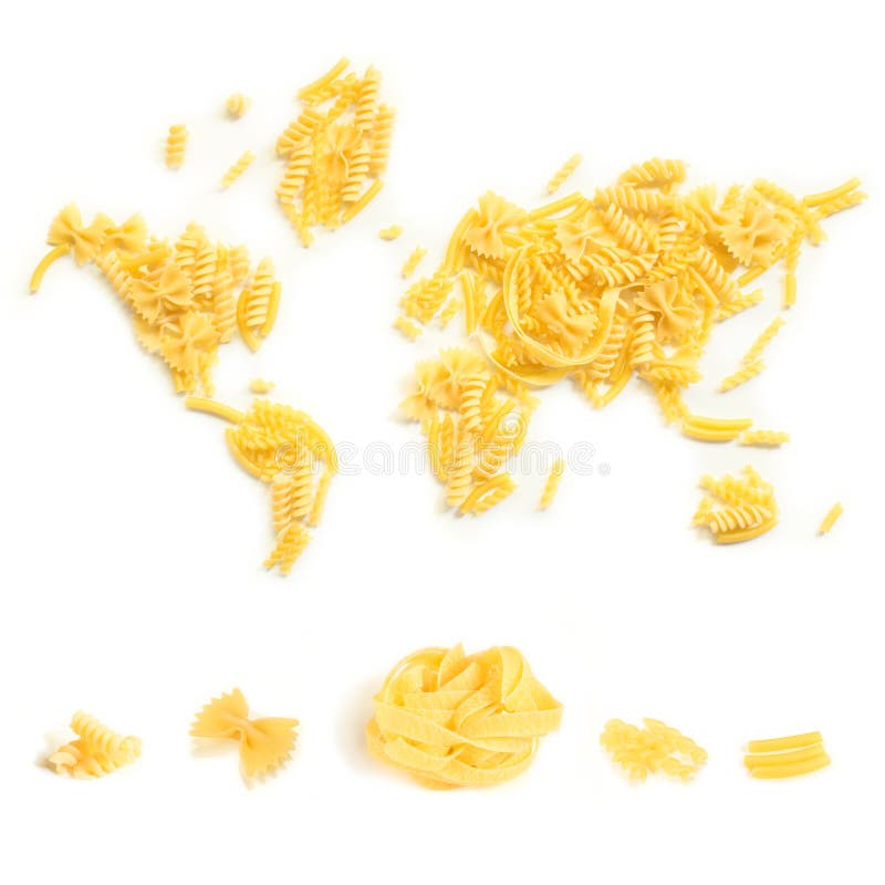 Pasta World on White Background with Different Pasta Types Below Stock