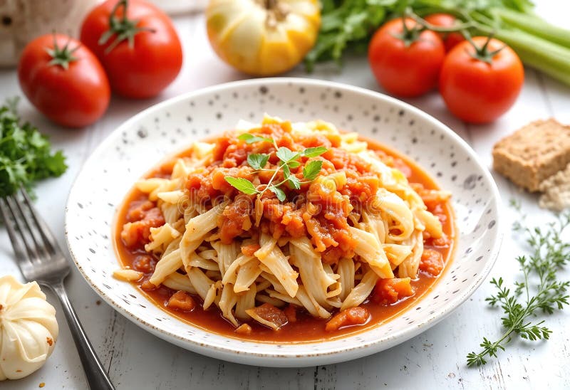 Paste alimentare vegetale cu un sos de roșii bogat, cu ierburi proaspete pe o placă albă punctată, înconjurată de produse proaspet royalty free illustration