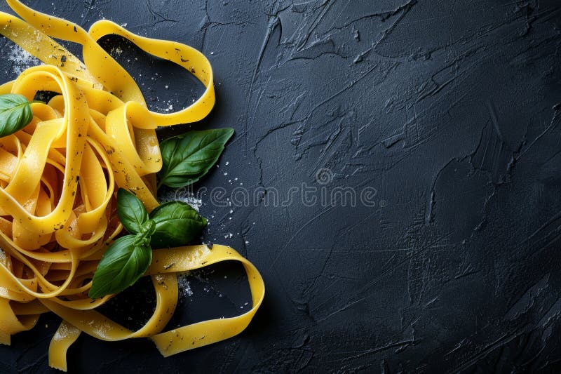 Paste alimentari fresche decolorate in salsa al pesto con erbe aromatiche e spezie in calcestruzzo scuro illustrazione vettoriale