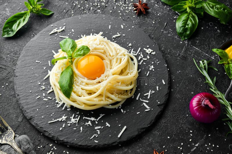 Paste. Carbonara with Egg Yolk. Top View Stock Photo Image of white