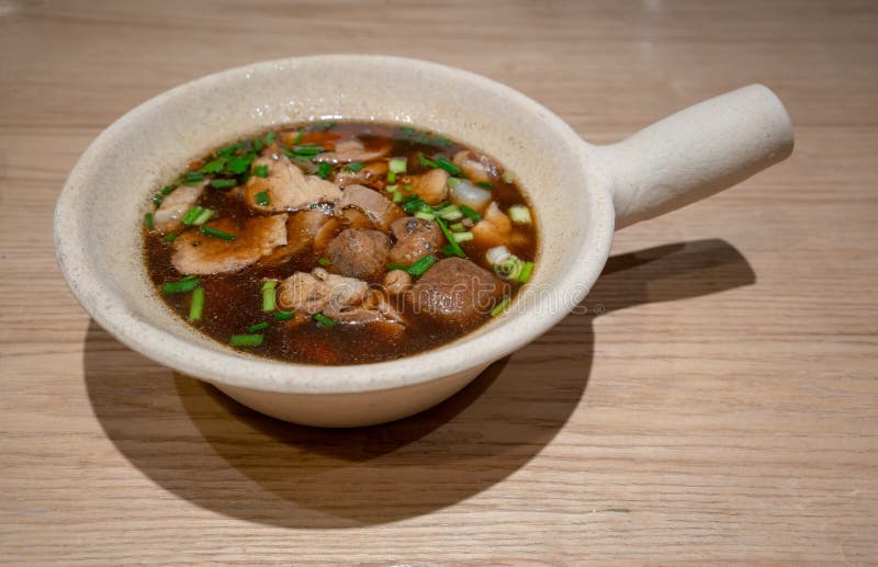 Paste of rice flour with pork, tofu, Chinese roll noodle soup in royalty free stock photography Paste of rice flour with pork, tofu, Chinese roll noodle soup in royalty free stock photography