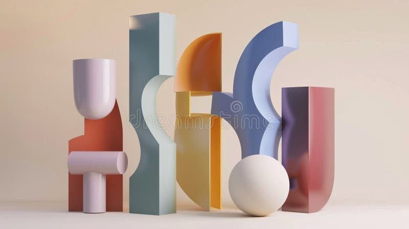 Pastel abstract geometric shapes on neutral backdrop 3d rendering image, stock illustration.