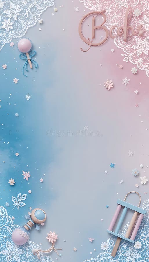 Pastel Baby Shower Background with Lace, Rattles, and Floral Details vector illustration