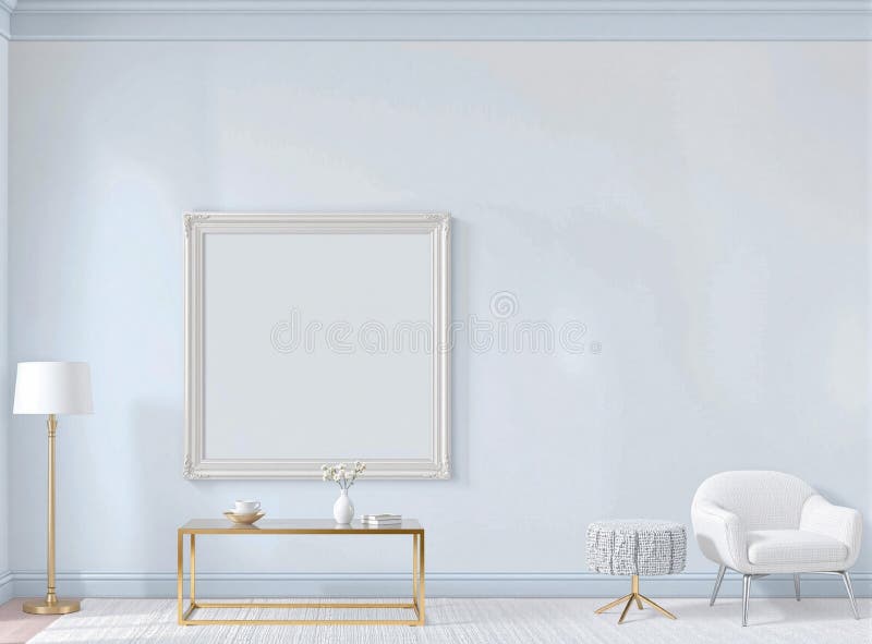 A pastel blue minimalist room with a blank frame on the wall, ideal for mockup applications with a clean backdrop vector illustration