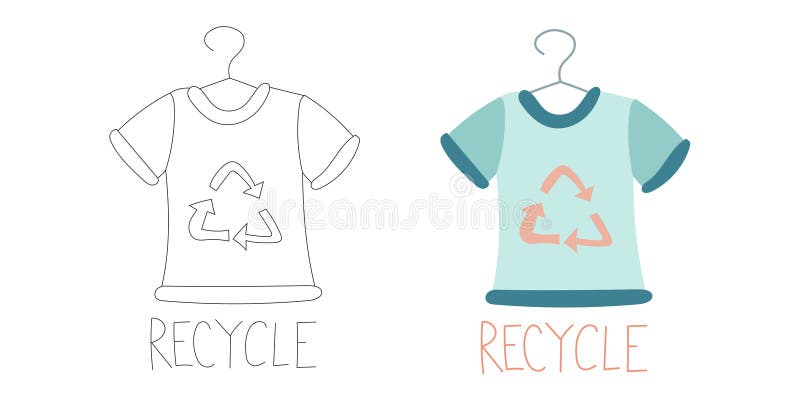 Pastel blue T-shirt on hanger with recycle arrows, representing eco fashion, textile reuse, and conscious wardrobe stock illustration