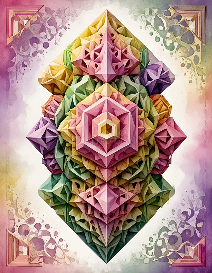 Pastel colored abstract geometric object with intricate patterns and vibrant details, featuring a playful design royalty free illustration