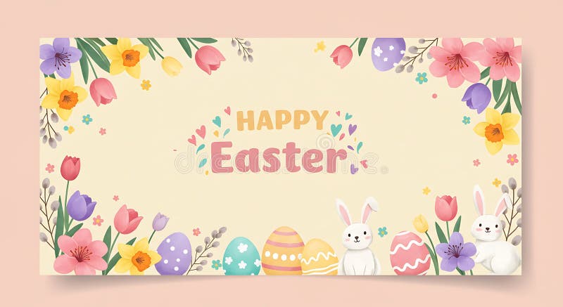 Pastel-colored Easter greeting card with floral and festive elements. \'Happy vector illustration
