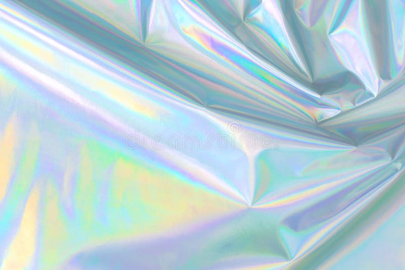 Abstract Modern pastel colored holographic background in 80s style. Crumpled iridescent foil textile real texture. Synthwave. Vaporwave style. Retrowave, retro futurism, webpunk