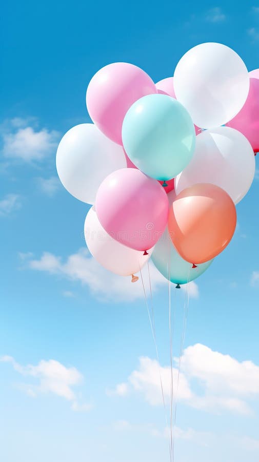 Pastel Colors Balloons Bunch in Blue Sunny Sky Background with Copy