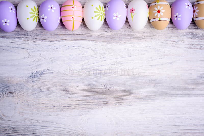 Pastel Colors Easter Eggs On A Grey Wooden Background. Stock Image Image of banner, plank