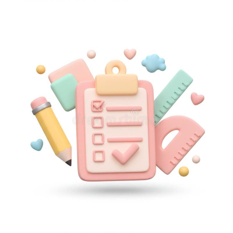 Pastel 3D Render of Checklist with School Supplies vector illustration