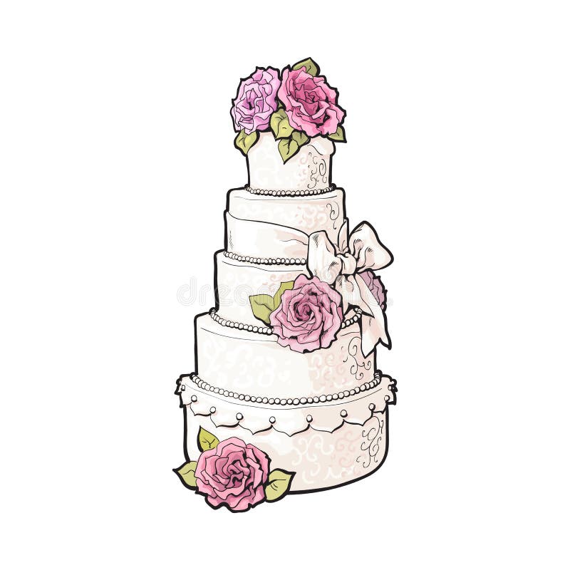 Pastel de bodas con gradas blanco tradicional adornado con las rosas rosadas del mazapán libre illustration Pastel de bodas con gradas blanco tradicional adornado con las rosas rosadas del mazapán libre illustration