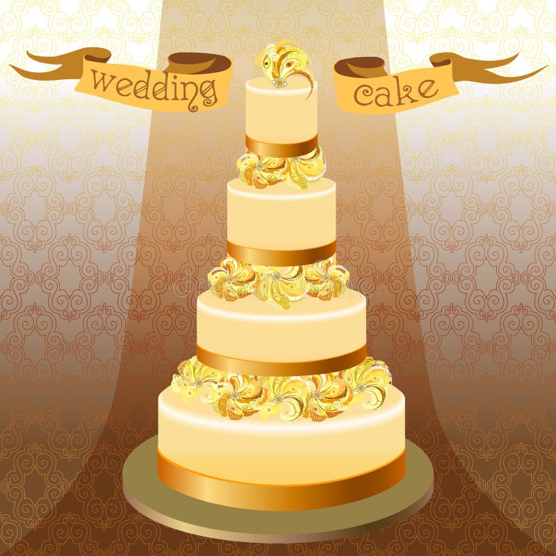 Pastel de bodas con las plumas del pavo real Alto diseño amarillo de oro libre illustration Pastel de bodas con las plumas del pavo real Alto diseño amarillo de oro libre illustration