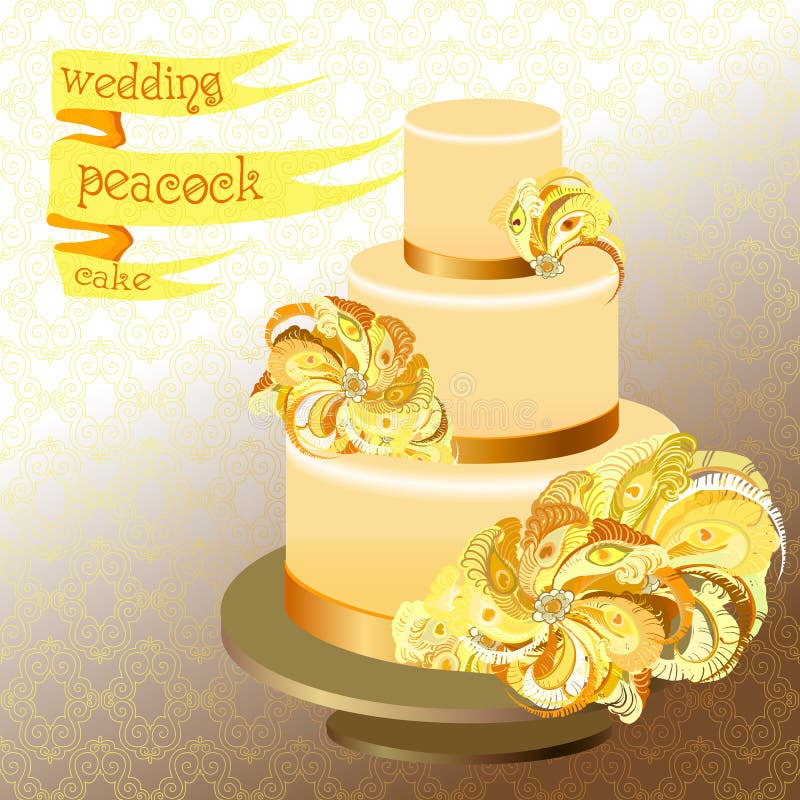 Pastel de bodas con las plumas del pavo real Diseño amarillo de oro ilustración del vector Pastel de bodas con las plumas del pavo real Diseño amarillo de oro ilustración del vector