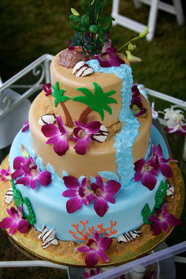 Pastel de bodas tropical de la playa de la diversión imágenes de archivo libres de regalías Pastel de bodas tropical de la playa de la diversión imágenes de archivo libres de regalías