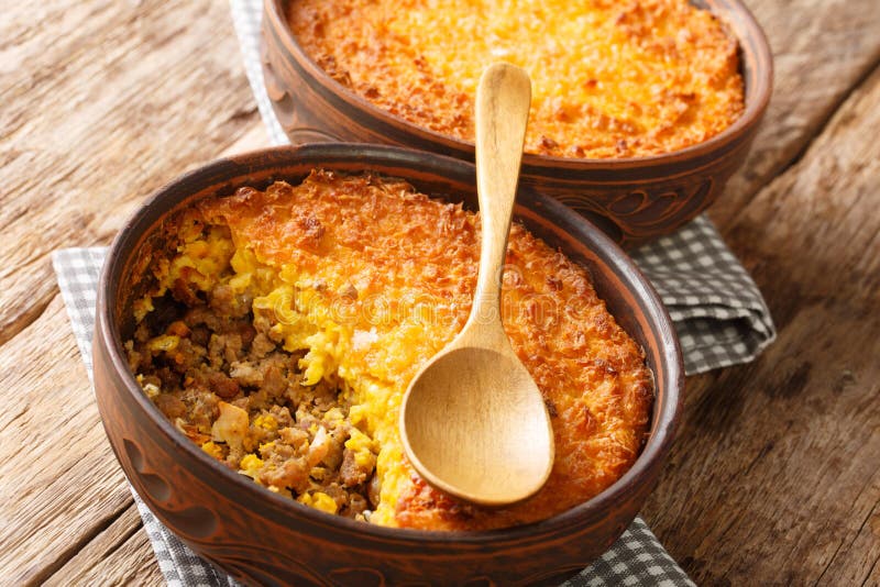 Pastel De Choclo Chilean Beef and Corn Casserole Closeup in the Bowl