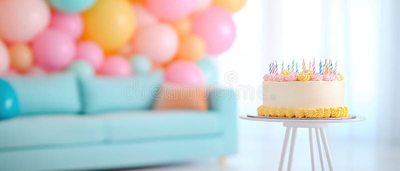 Pastel de cumpleaños festivo con coloridas velas se sienta en un acogedor salón imagen de archivo libre de regalías